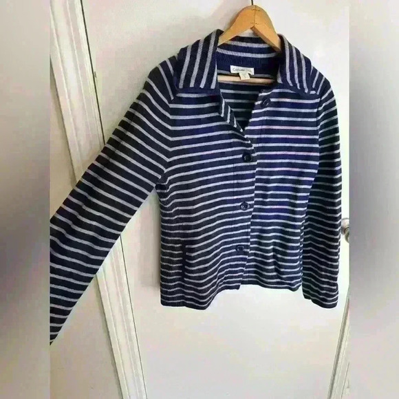 Button up knit striped blue collared cardigan by Coldwater Creek size small or 8 - Picture 4 of 16